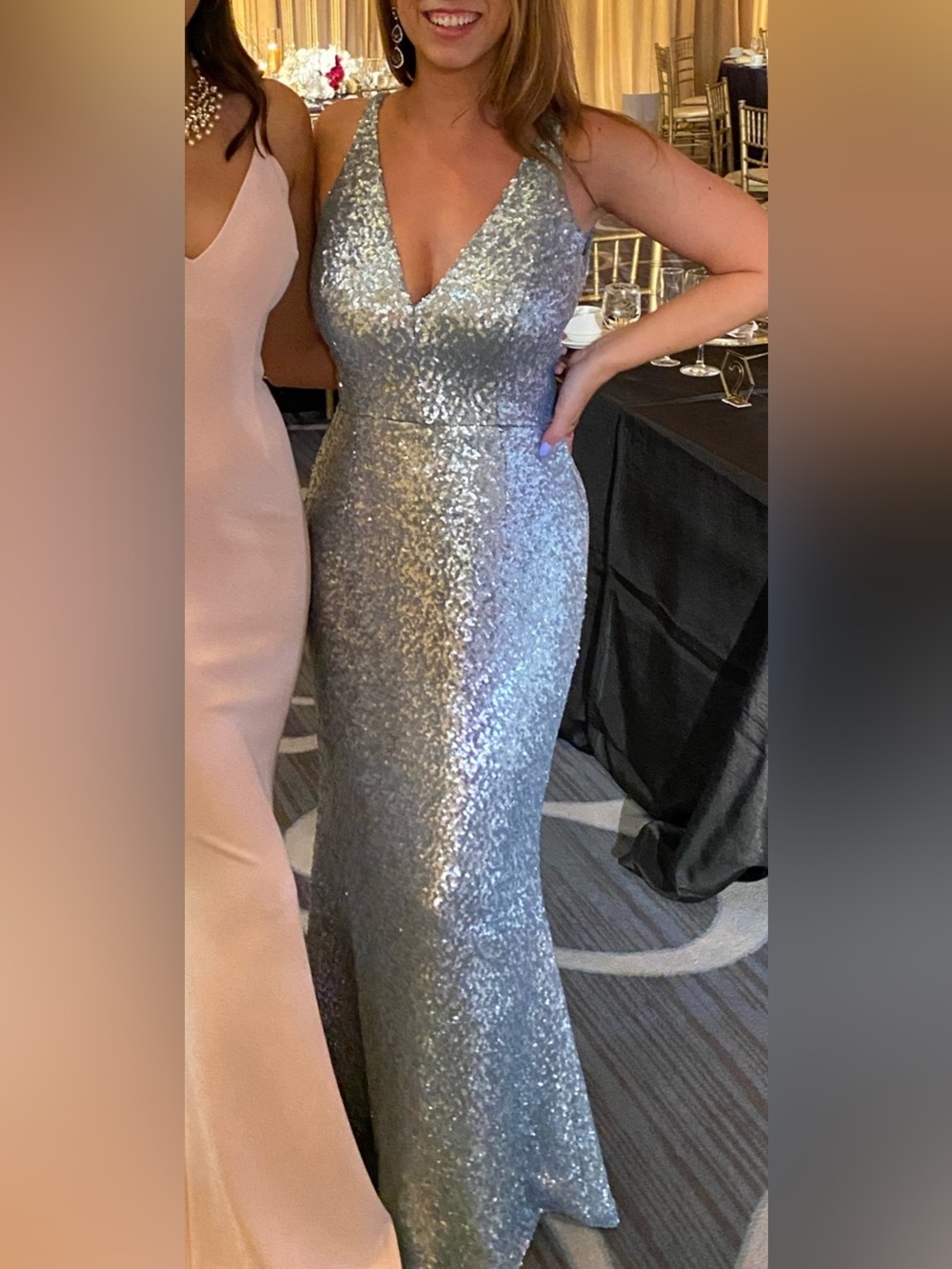 Dress the population size large silver Sequin V-Neck Evening Gown
